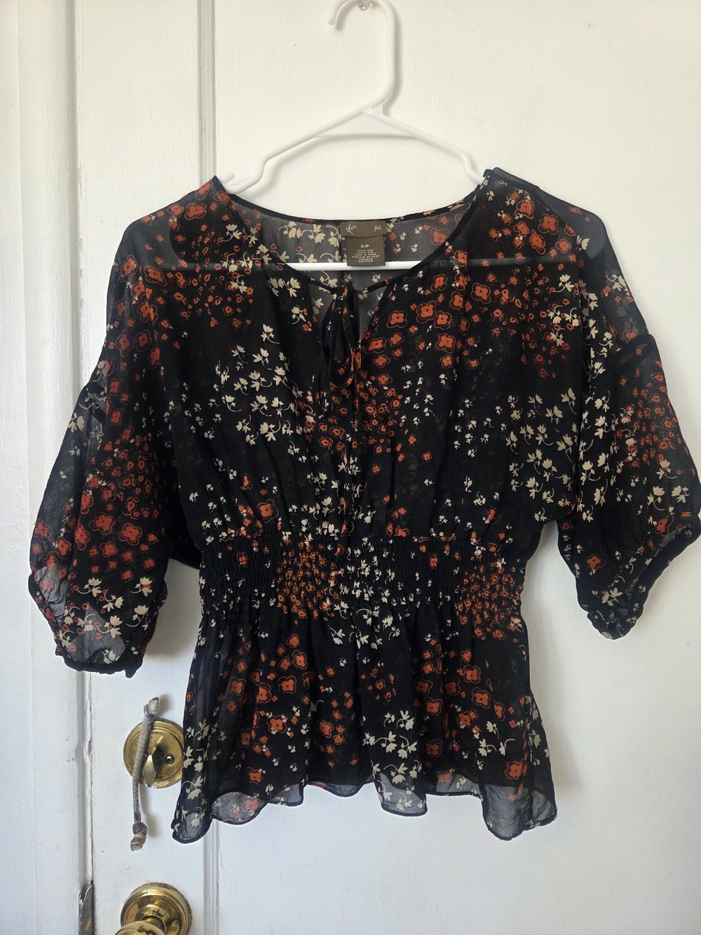 Anthropologie Fei Floral Smocked Waist Peasant Top Black Orange Floral Small